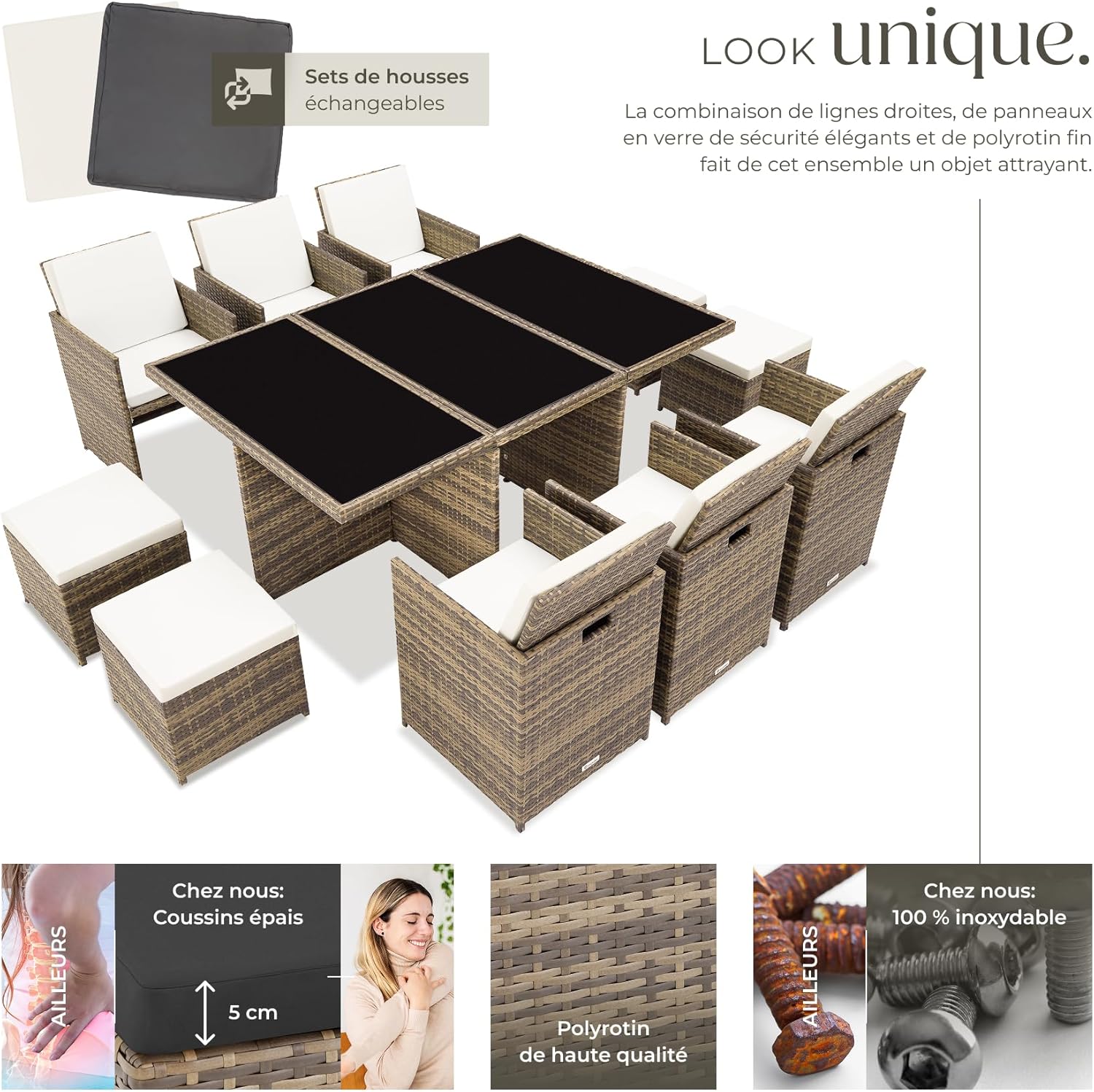 TecTake Salon de Jardin Exterieur en Résine Tressée Poly Rotin Salon de Jardin Table 10 Personnes Fauteuil Exterieur Encastrable Aluminium, 2 Sets de Housses + Housse de Protection – Marron Naturel