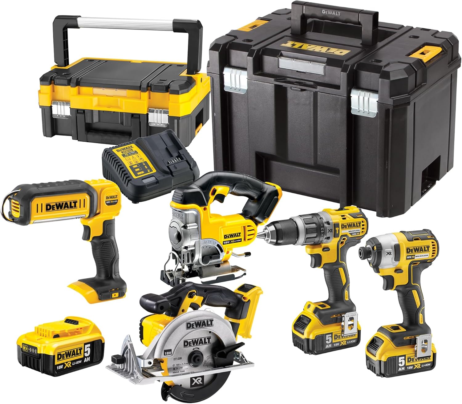 DEWALT - Pack 5 outils XR 18V, 1 perceuse-visseuse, 1 visseuse à chocs à 3 vitesses, 1 scie sauteuse, 1 scie circulaire, 1 lampe LED, 3 batteries 5Ah, 1 chargeur et 2 coffrets TSTAK, DCK551P3T-QW