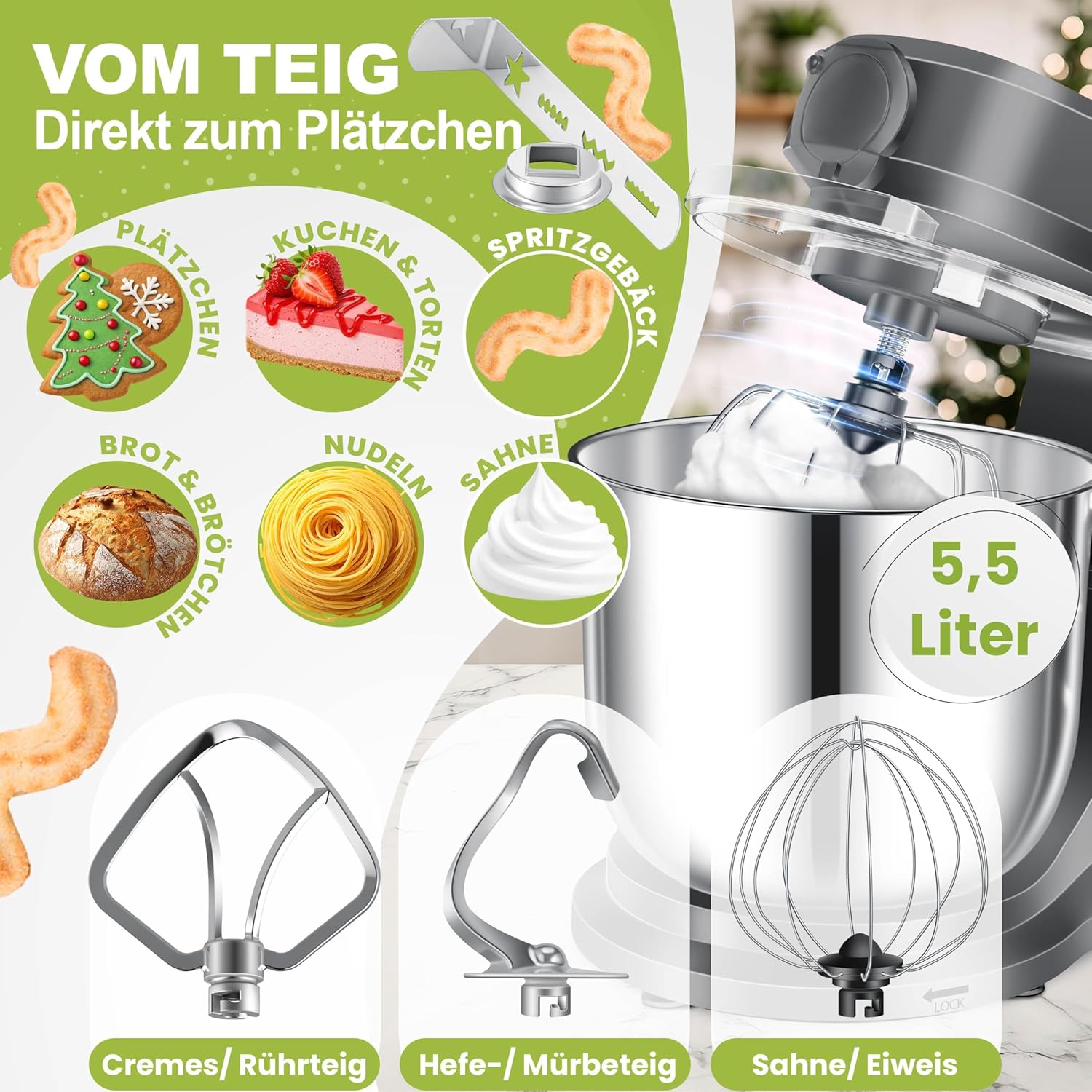 KESSER Robot de cuisine universel 3 en 1 K-KM 3000 avec hachoir à viande, pétrisseur, mélangeur multifonction, bol de 5,5 l avec 3 outils mélangeurs, presse-agrumes 1,5 l, kit d'accessoires, pâtes et