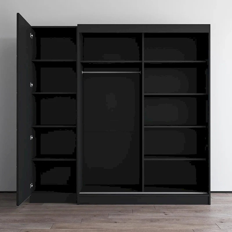 2-Door Wardrobe with Mirror, Glass Front, 2-Person (Gray / Black / White)