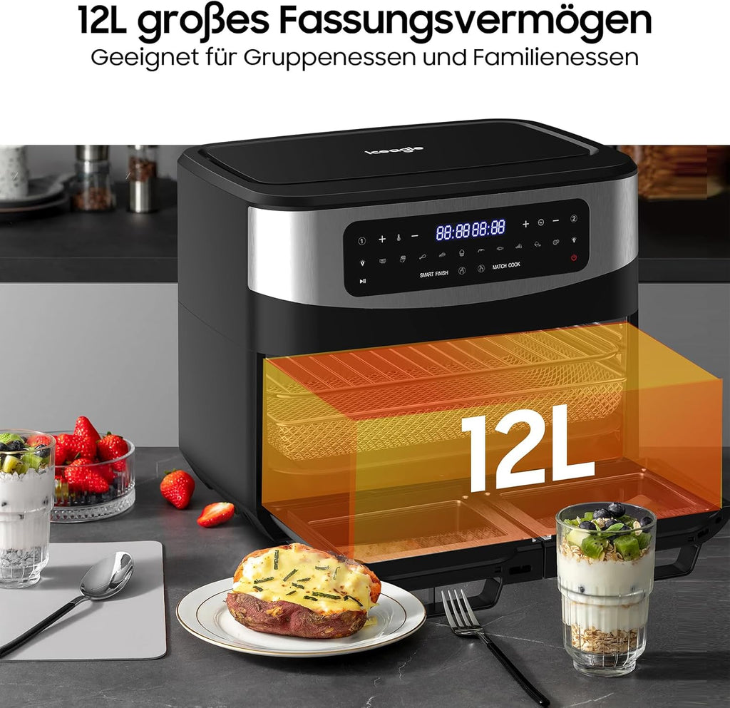 Iceagle Air Fryer 12 L Friteuse sans Huile - Friteuse à Air Chaud avec 10 Programmes, 2 Tiroirs, Fenêtre Visible, Panneau Tactile LED, Fonctions Match Cook & Smart Cook, 2600W, Noir