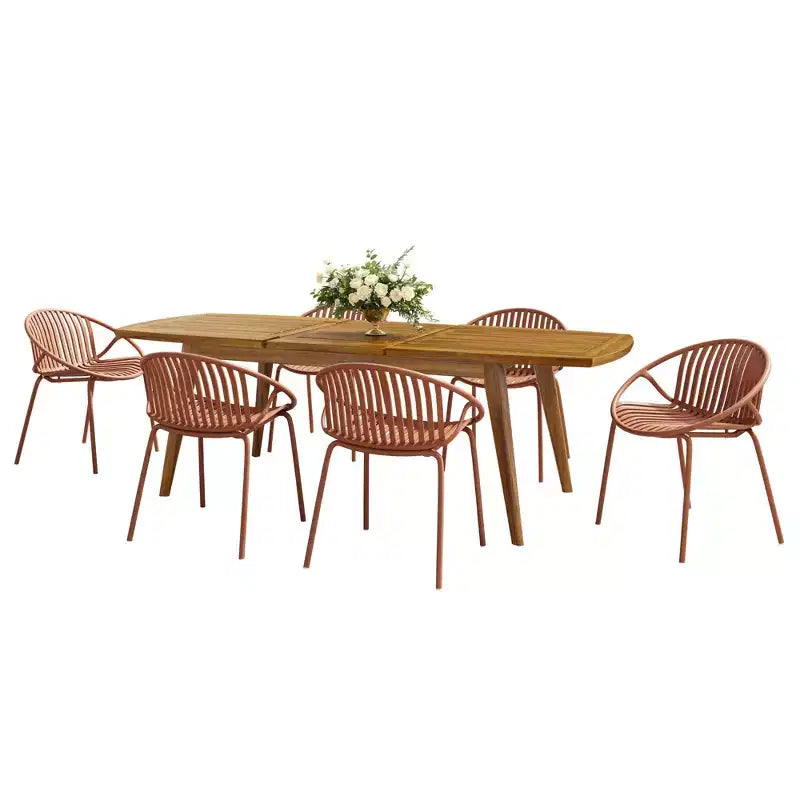 7-Piece Outdoor Expandable Patio Dining Set with Stackable Chairs, Acacia Wood Table