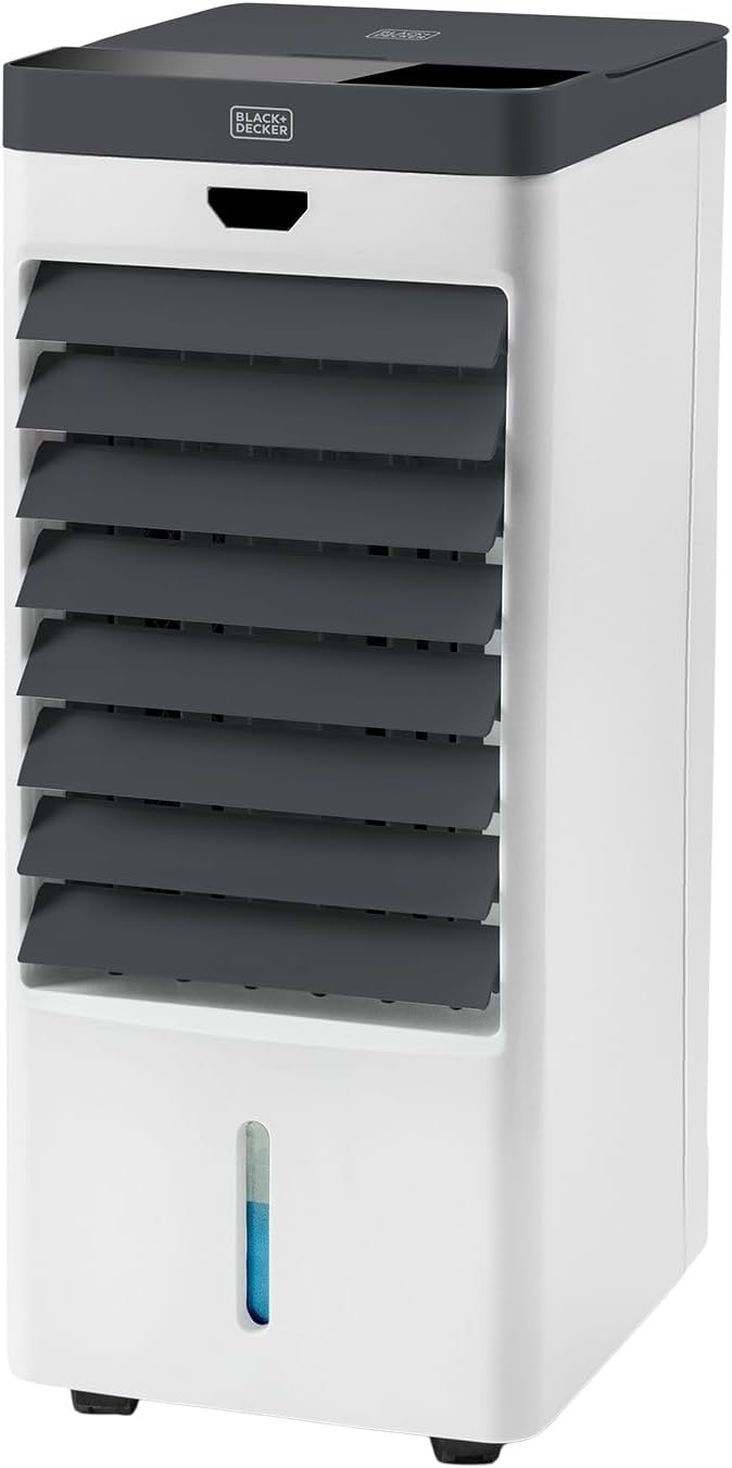 BLACK+DECKER - Rafraîchisseur d'air évaporatif 75 W | Réservoir 5 L | Oscillation | Écran digital | Télécommande | Minuterie 7,5 h | 3 vitesses et modes | 4 bacs à glace | Roulettes