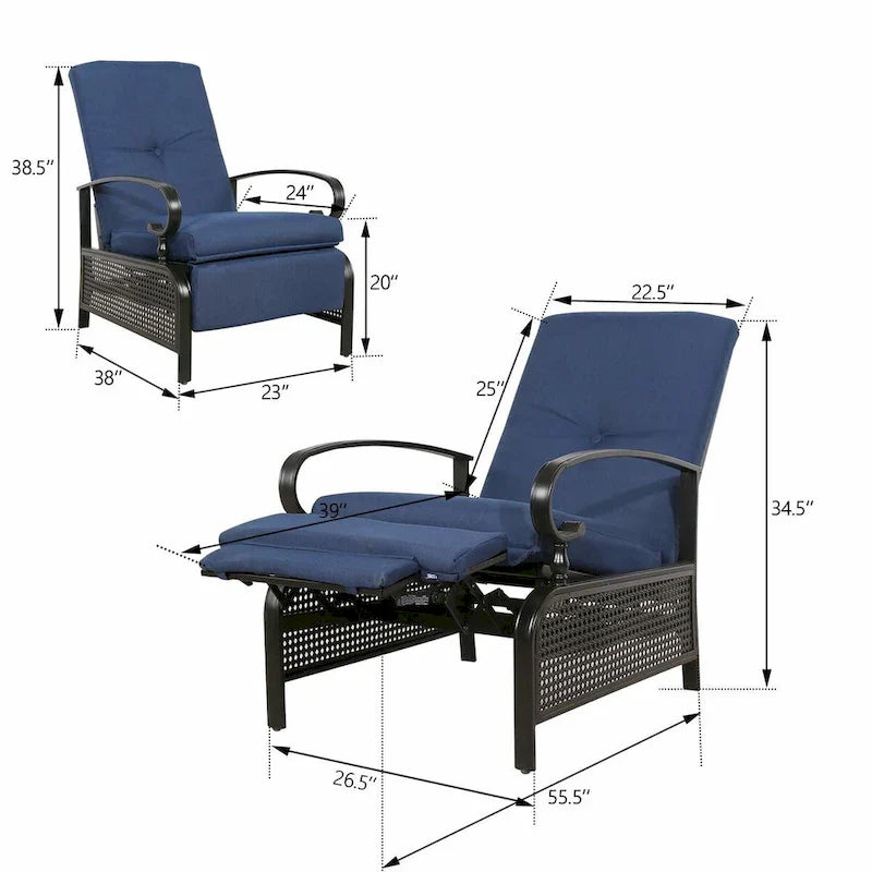 Adjustable Recliner Lounge Chair Patio Lounge Sofa with Cushion - 38 (D) x 26.5 (W) x 38.5 (H) INCH