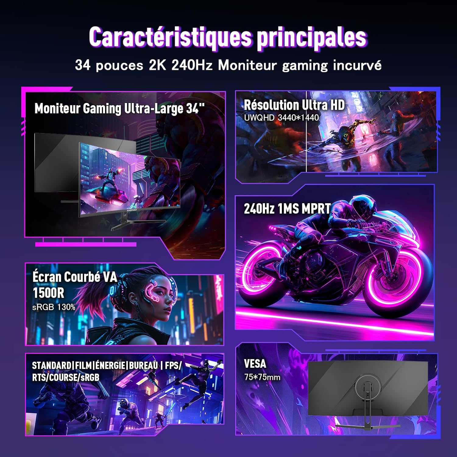 Amzfast Ecran Pc Gamer Incurvé 34 Pouces, 240Hz, UWQHD 3440x1440 (21:9), 1 ms MPRT, Eyes Care, sRGB 130 pour cent, Adaptive Sync, HDR, HDMI 2.1 * 2, DP 1.4 * 2, VESA 75x75, PIP/PBP, AMZG34C5QPro