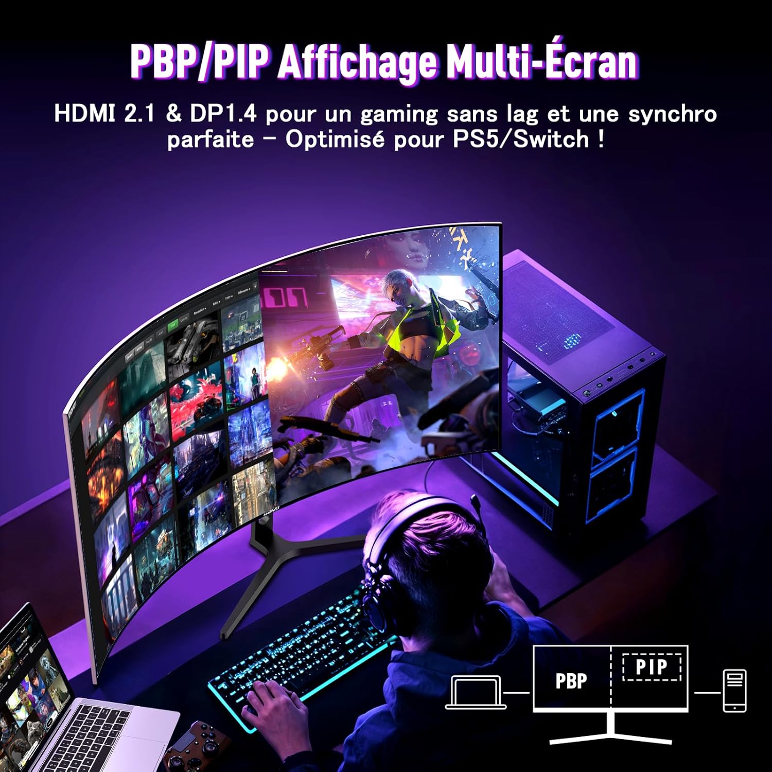 Amzfast Ecran Pc Gamer Incurvé 34 Pouces, 240Hz, UWQHD 3440x1440 (21:9), 1 ms MPRT, Eyes Care, sRGB 130 pour cent, Adaptive Sync, HDR, HDMI 2.1 * 2, DP 1.4 * 2, VESA 75x75, PIP/PBP, AMZG34C5QPro
