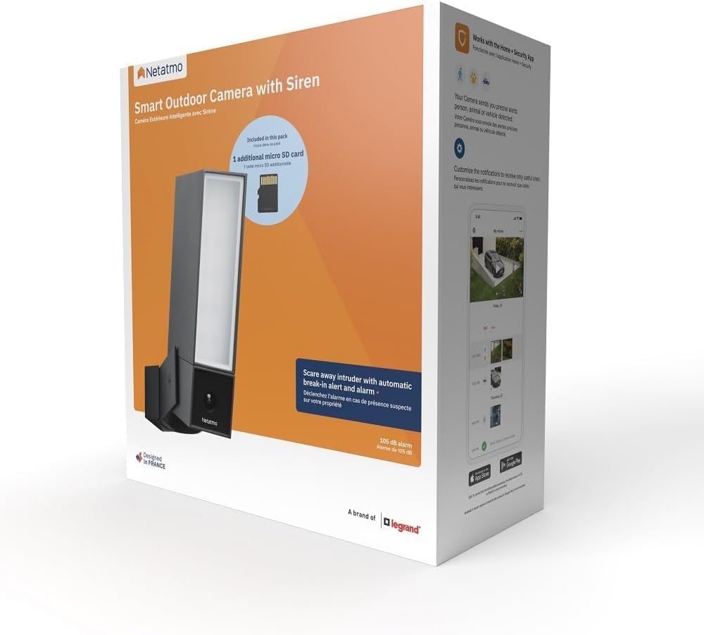Netatmo Caméra de Surveillance Extérieure Intelligente avec Sirène 105dB, WiFi, Eclairage Intégré 12W, Détection des Mouvements, Vision Nocturne, Vidéo HD, Stockage Local, Aucun Abonnement, NOC-S-AMZ