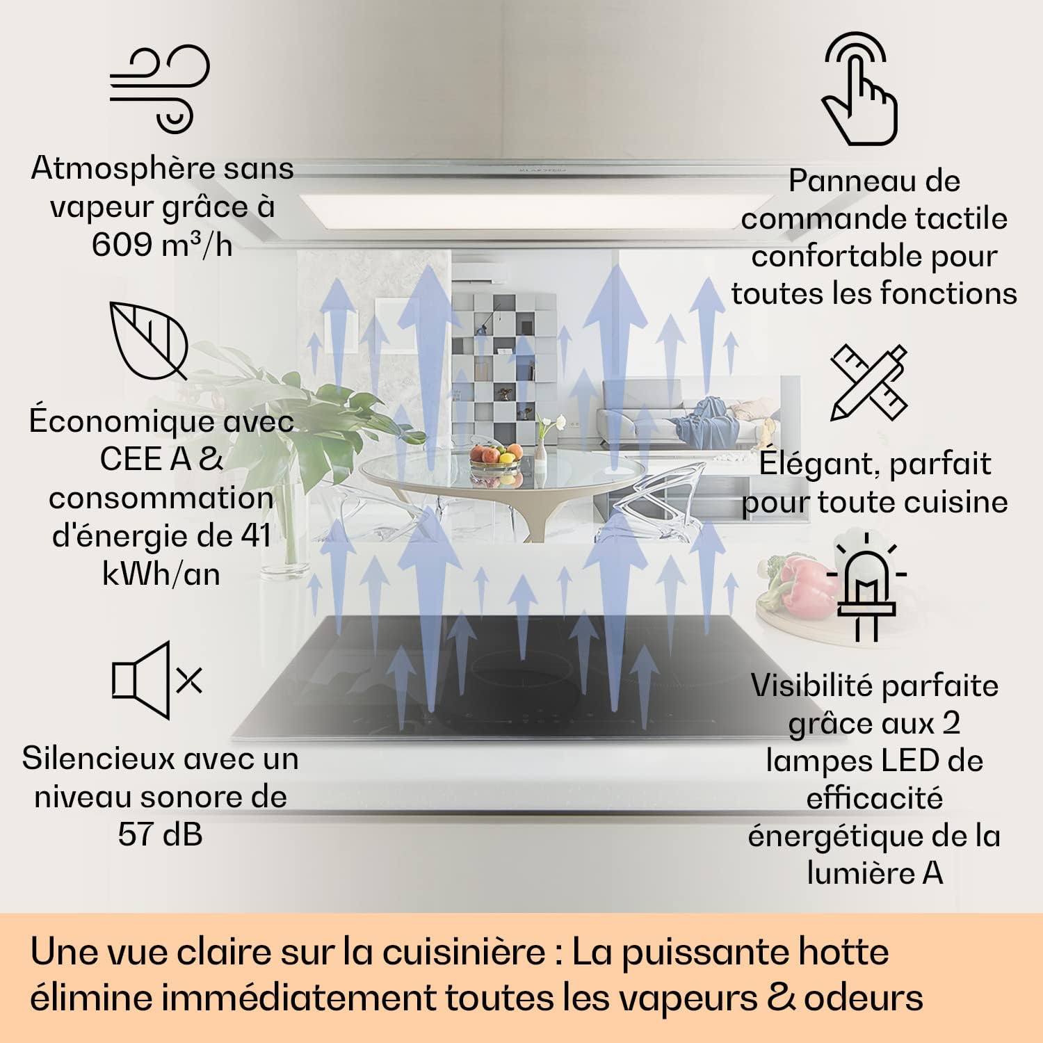 Klarstein Remy Brilliant Edition - Hotte îlot, 618 m³/h, 230 W, télécommande, lampe LED: 3 niveaux de luminosité jusqu'à 6500 Kelvin, filtre à graisse, extraction et recyclage d'air - 90 cm, argent