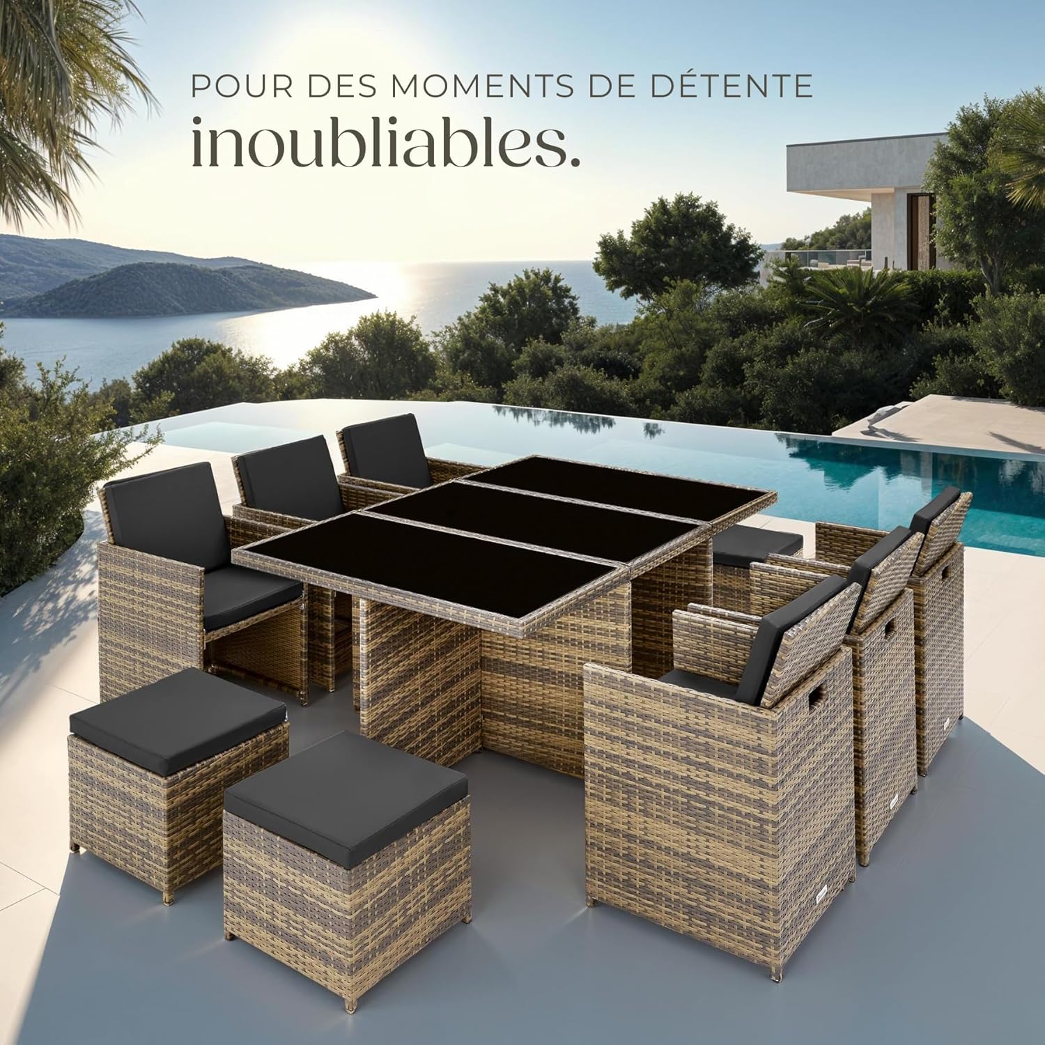 TecTake Salon de Jardin Exterieur en Résine Tressée Poly Rotin Salon de Jardin Table 10 Personnes Fauteuil Exterieur Encastrable Aluminium, 2 Sets de Housses + Housse de Protection – Marron Naturel