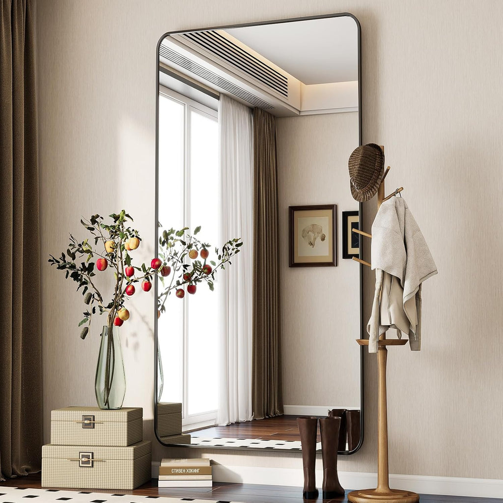 Koonmi miroir sur pied avec coins arrondis, 76 x 171 cm, grand miroir mural sur pied pour chambre à coucher et salon, noir