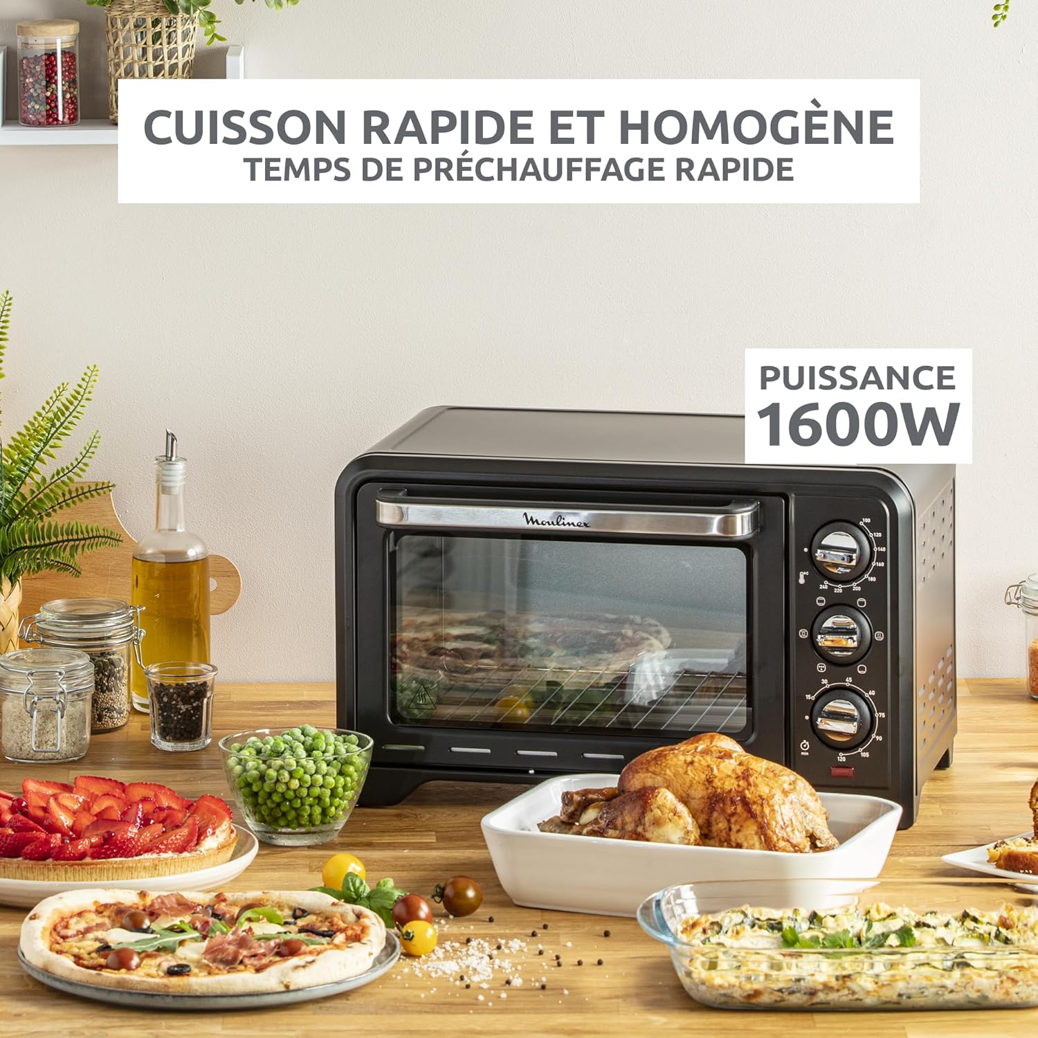 Moulinex Four posable 33 L, Chaleur tournante, Convection de pointe, 6 modes de cuisson, Thermostat réglable jusqu'à 240 °C, Timer 120 min, Grille réversible, Maniques silicone, Optimo Noir OX464811