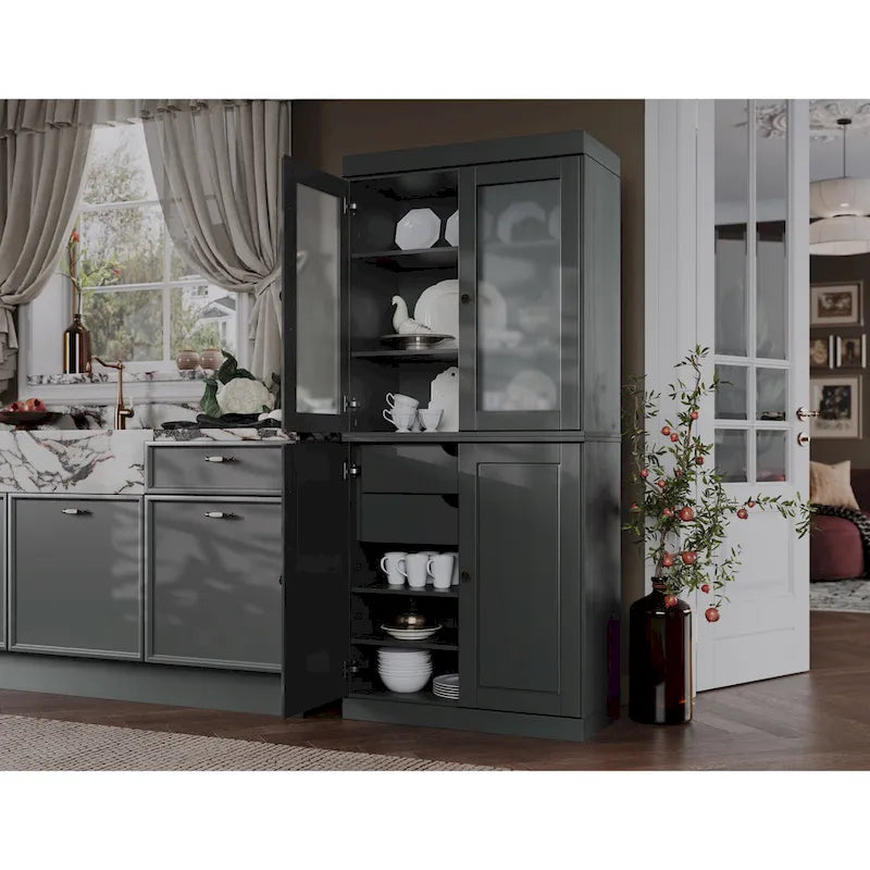 100% Solid Wood Pantry Cabinet with Frosted Glass Doors, Solid Doors, 2-Drawers and Adjustable Shelves