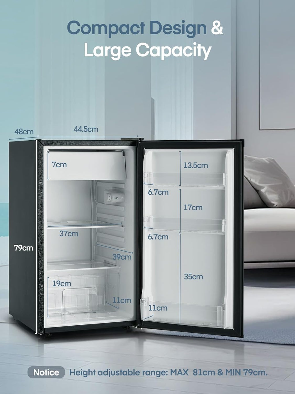 FOHERE Petit Frigo avec Congélateur de 91L, Réfrigérateur à une porte, Bac à Légumes, Thermostat Réglable, Silencieux, Petit Frigo de Bureau, Porte Réversible, Dortoir, Chambre, Noir
