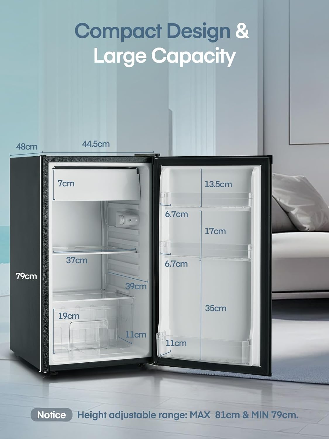 FOHERE Petit Frigo avec Congélateur de 91L, Réfrigérateur à une porte, Bac à Légumes, Thermostat Réglable, Silencieux, Petit Frigo de Bureau, Porte Réversible, Dortoir, Chambre, Noir