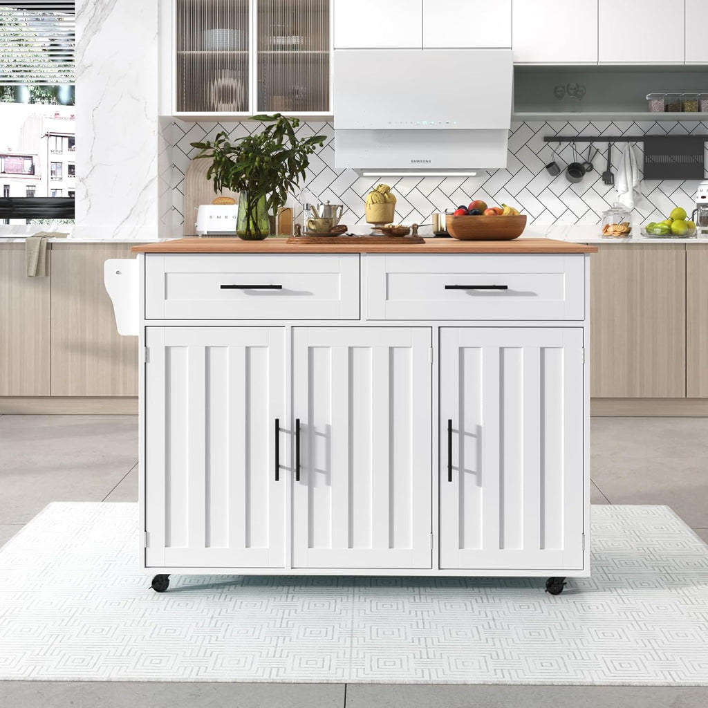 Desserte îlot de cuisine sur roulettes avec plan de travail rabattable, 2 tiroirs et 3 portes, blanc, 129 × 71 × 91,5 cm
