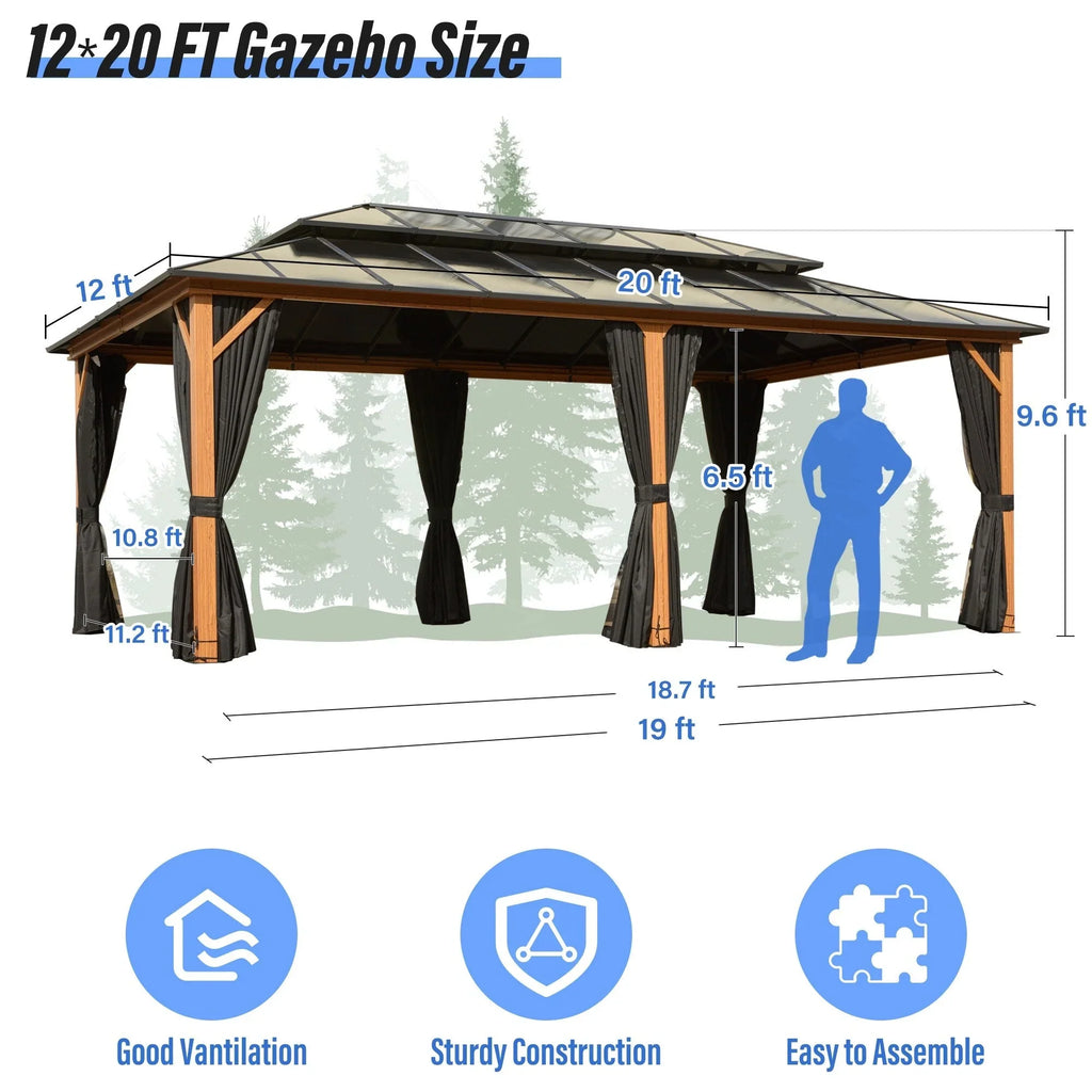 EROMMY Hardtop Gazebo,Outdoor Pergola with Double Roof & Netting & Curtains,Heavy Duty Canopy for Patio, Backyard, Pool party