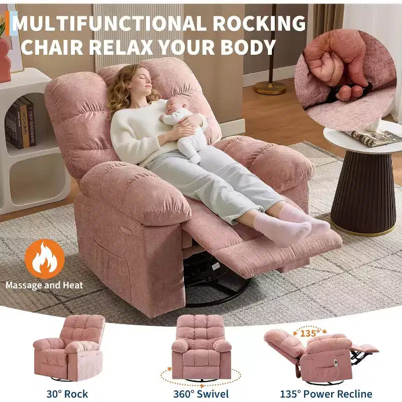 Massage Recliner Chair with Heat - 360 Swivel Rocker, Oversized Single Sofa w/ Vibration, USB & Storage Pockets for Living Room/Bedroom