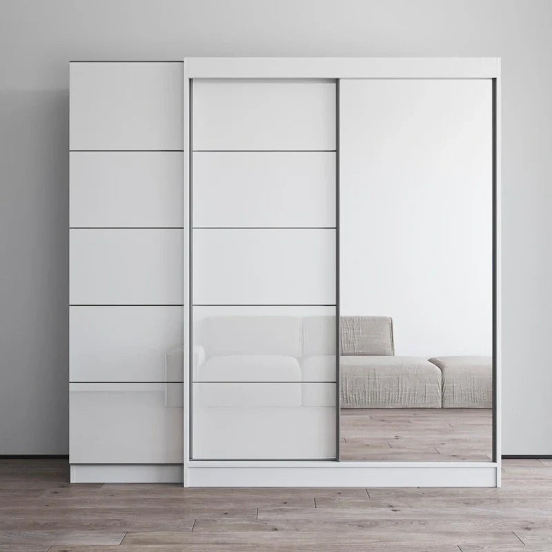 2-Door Wardrobe with Mirror, Glass Front, 2-Person (Gray / Black / White)