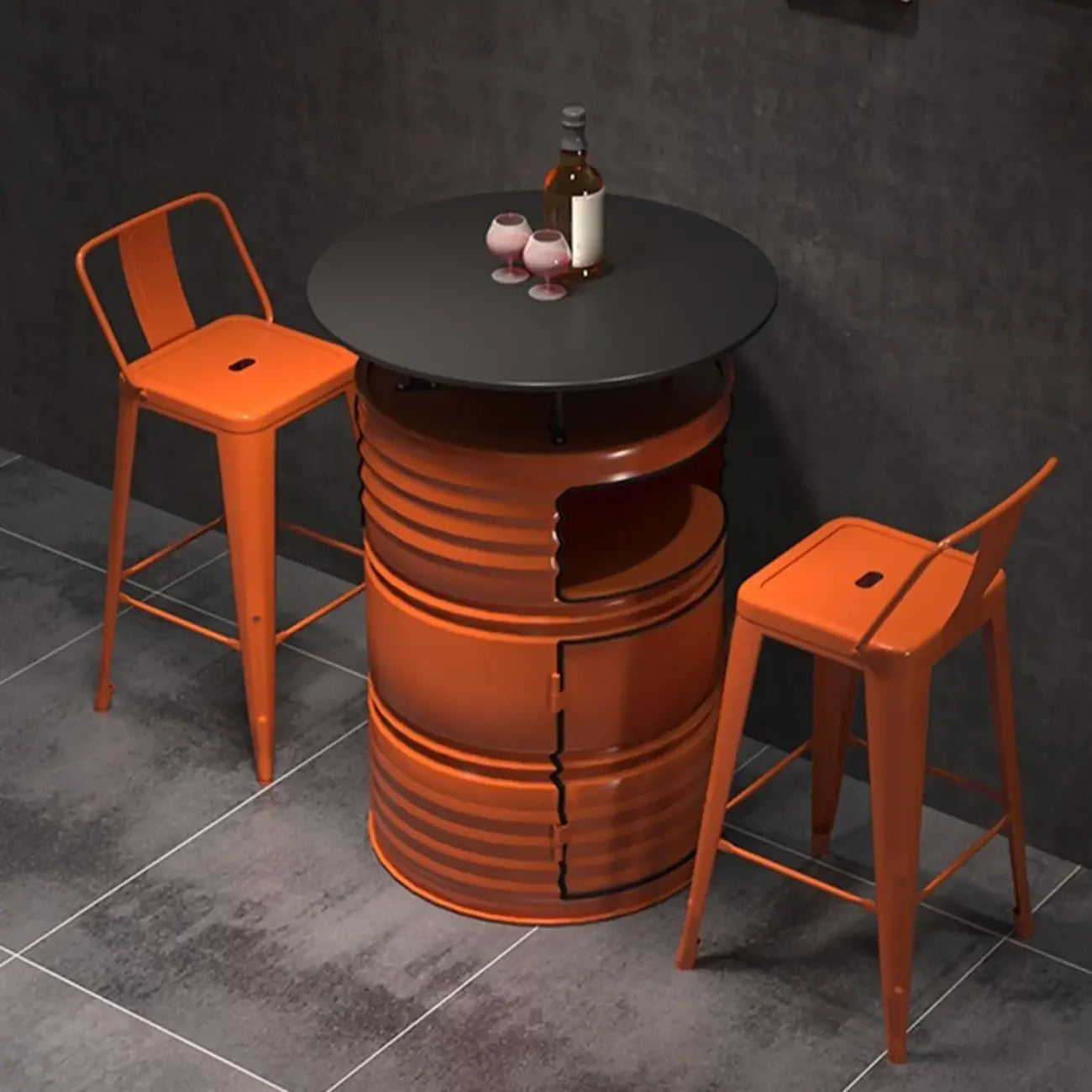 Industrial Black Orange Metal Drum Storage Bar Tables