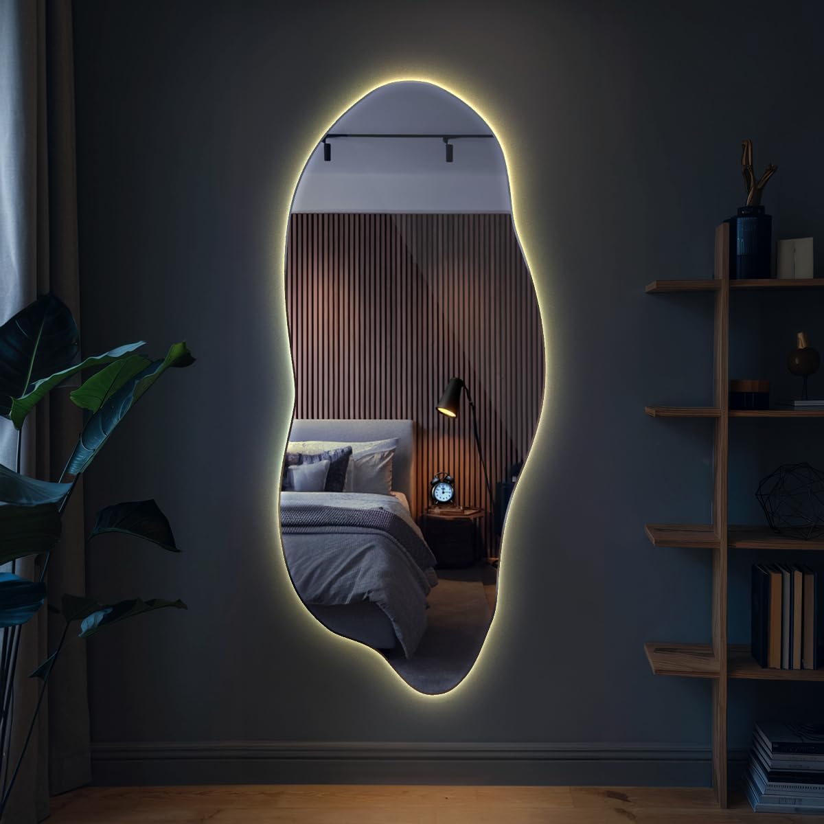 Grand Miroir LED 45x100 cm Blanc Chaud Lumière Chaude Irrégulier Asymétrique Cuisine Miroir Mural sans Cadre Décoration Murale Design Minimalisme Esthétiquement Installation Verticale ou Horizontale