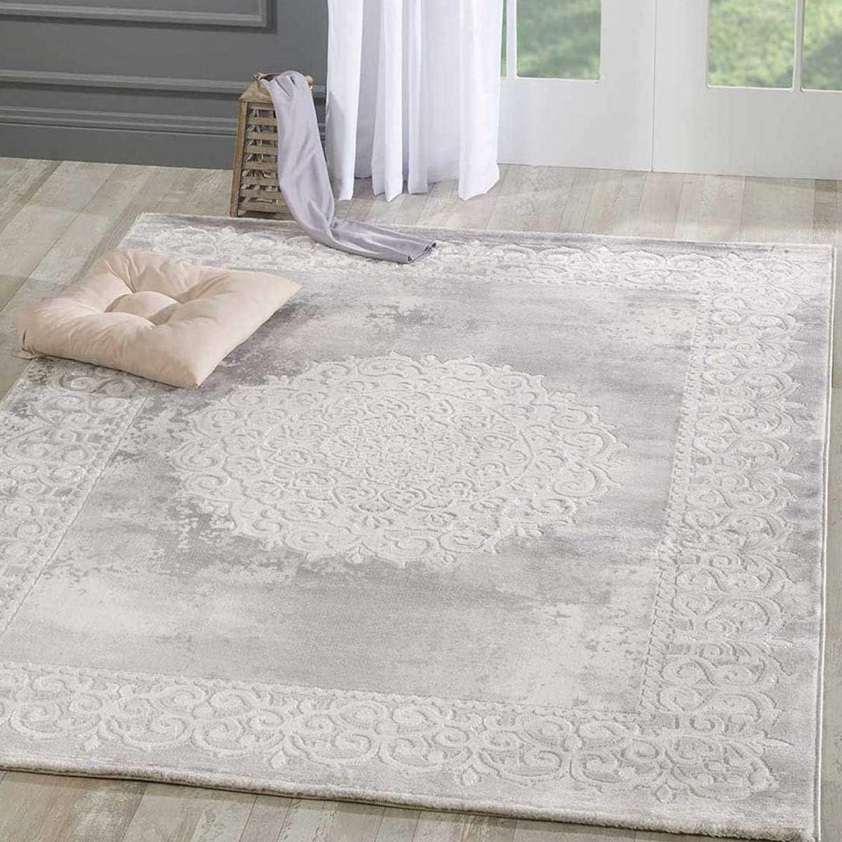 1A2T - Tapis Salon Moderne Design Oriental Style - Grand Tapis Salon Gris 160x220 cm - Tapis à Poils Ras Rectangulaire idéal pour Le Salon, 3582
