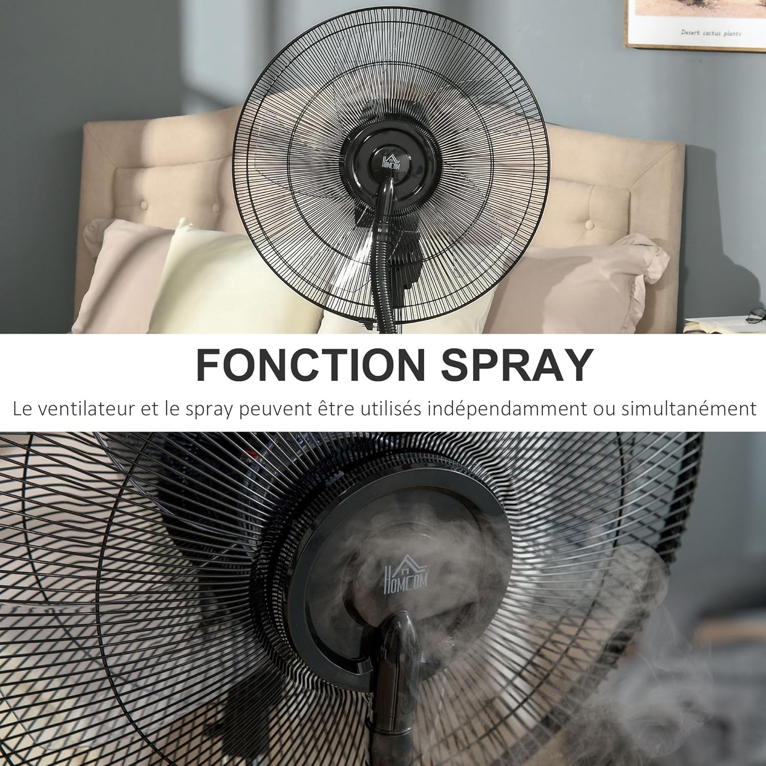 HOMCOM Ventilateur brumisateur silencieux 90 W, ventilateur sur pied 135 cm avec 3 modes 3 vitesses, télécommande, minuterie 12H, oscillation à 70°, écran LED, réservoir d'eau de 3,1L, gris et noir