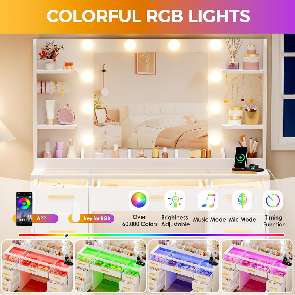 ANWBROAD coiffeuse blanche avec miroir et éclairage LED 3 couleurs, plateau en verre, 9 tiroirs RGB, 4 étagères, prise intégrée