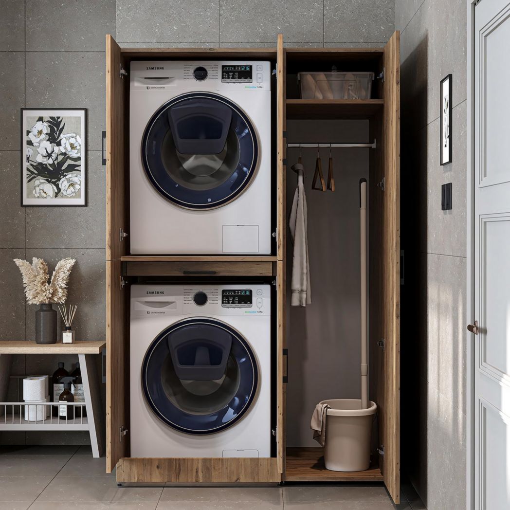 ROOMART Dora - Meuble pour machine à laver - Pour sèche-linge et machine à laver - En 4 couleurs - Avec portes et panneau coulissant - Blanc - Chêne blanc - Chêne anthracite - Chêne blanc (chêne blanc)