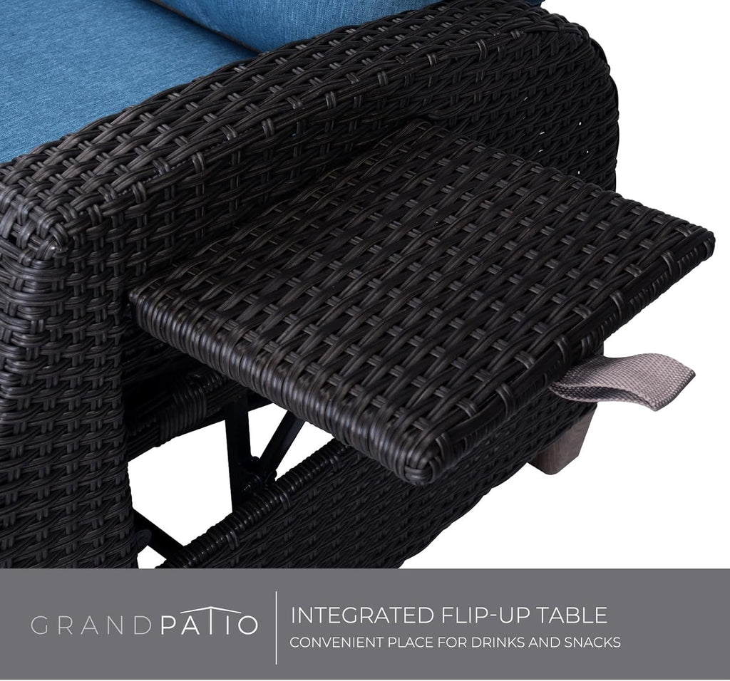 Grand patio Chaise longue inclinable à position réglable avec table rabattable et coussin pour jardin, cour, terrasse, extérieur – Coussin bleu paon et osier marron