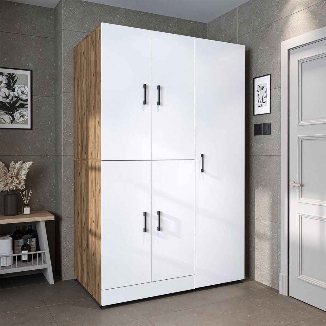ROOMART Dora - Meuble pour machine à laver - Pour sèche-linge et machine à laver - En 4 couleurs - Avec portes et panneau coulissant - Blanc - Chêne blanc - Chêne anthracite - Chêne blanc (chêne blanc)