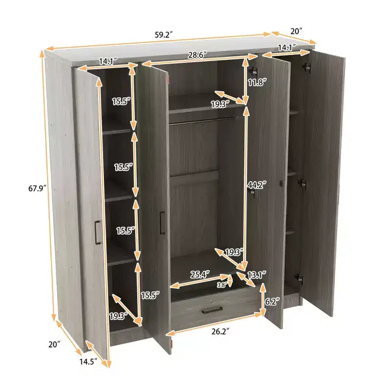 Whisen Wood 4-Door Wardrobe Armoire with Hanging Rod, 1-Drawer and Storage Shelves