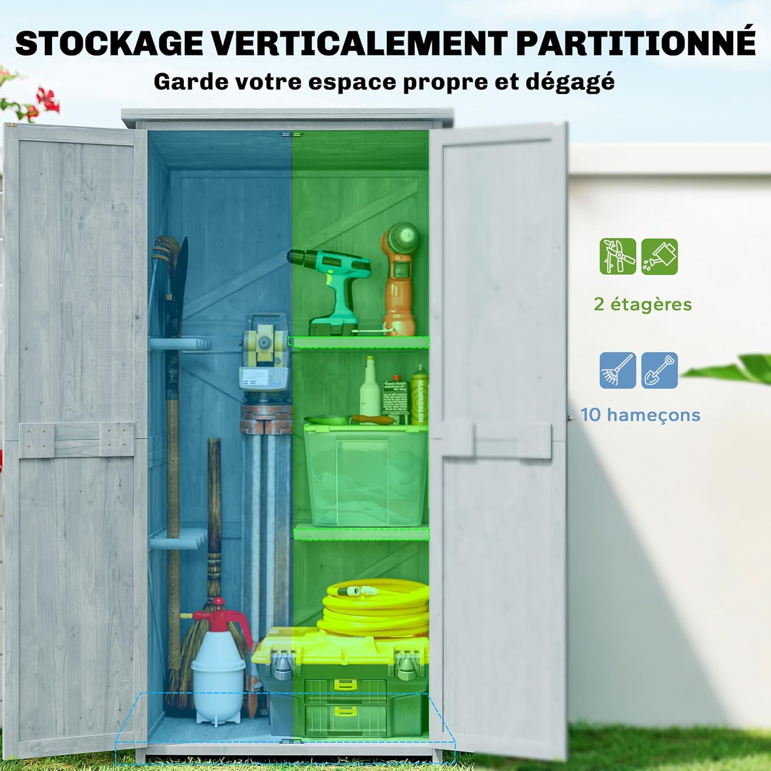 Outsunny Armoire de Jardin, Armoire extérieure de Rangement en Bois avec 2 Portes verrouillables, 2 étagères et 10 Crochets, Toit en Asphalte étanche, pour Balcon, terrasse, 85 x 54 x 170 cm, Gris