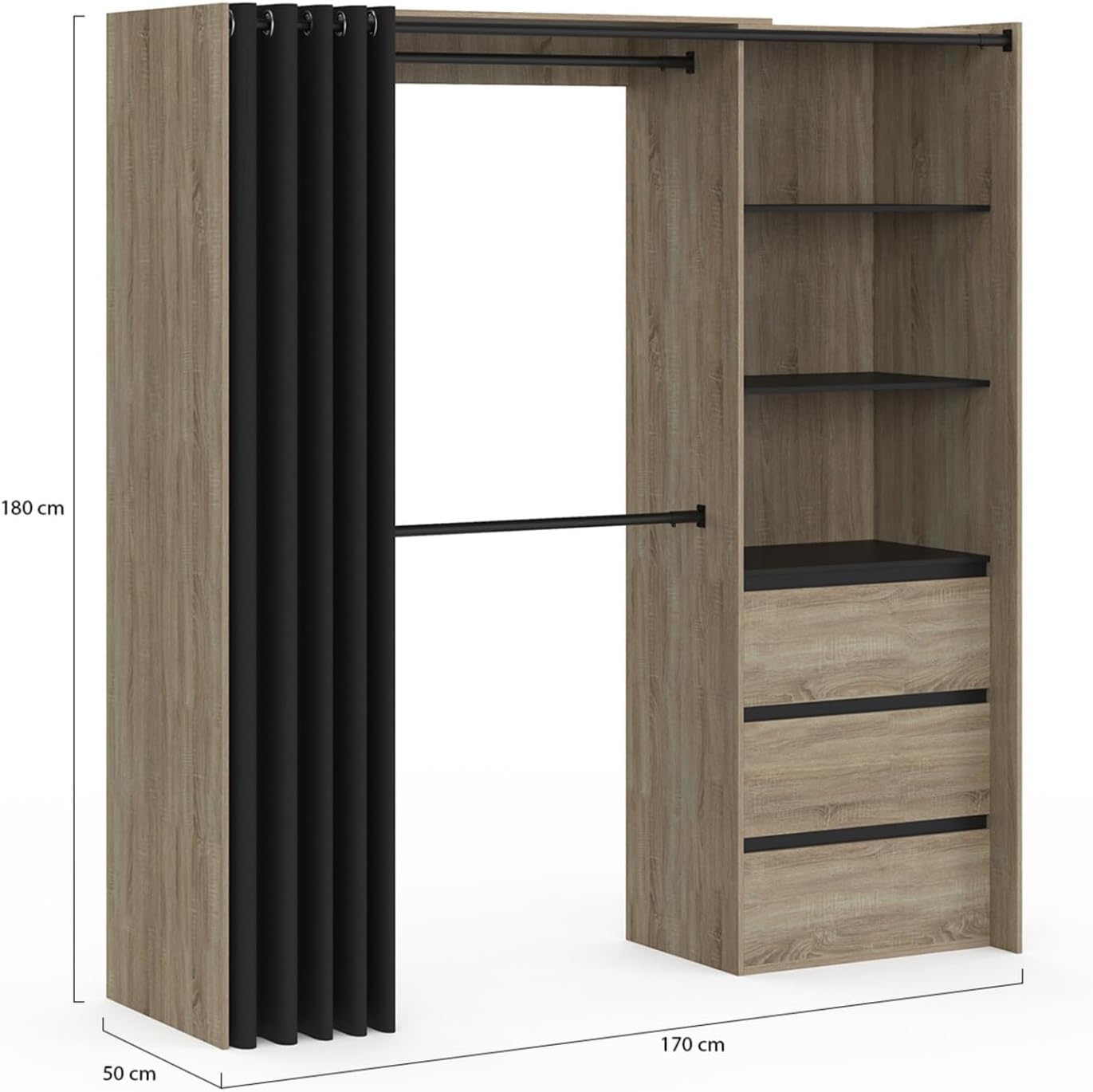 IDMarket - Dressing extensible MARTY 120/170 x 50 x 180 cm hêtre avec 3 tiroirs + étagères + double penderie + rideau noir