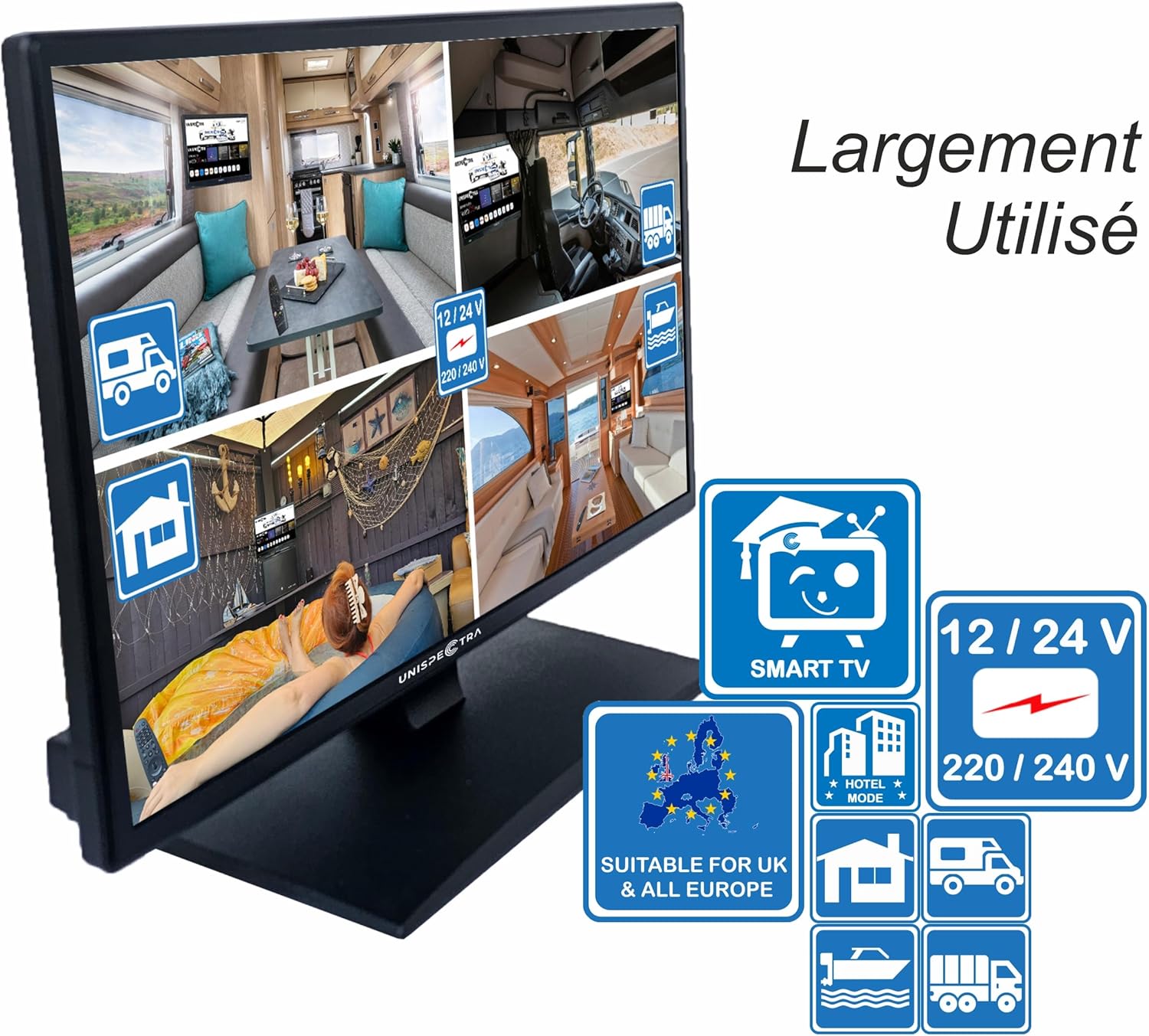Unispectra ® 19” Smart TV (webOS) avec Télécommande Magique 12v HDR 230v 24v TV TNT et Tuner Sat 3xHDMI 2xUSB. Téléviseurs 12V pour Camping-Cars, caravanes, fourgonnettes, Bateaux