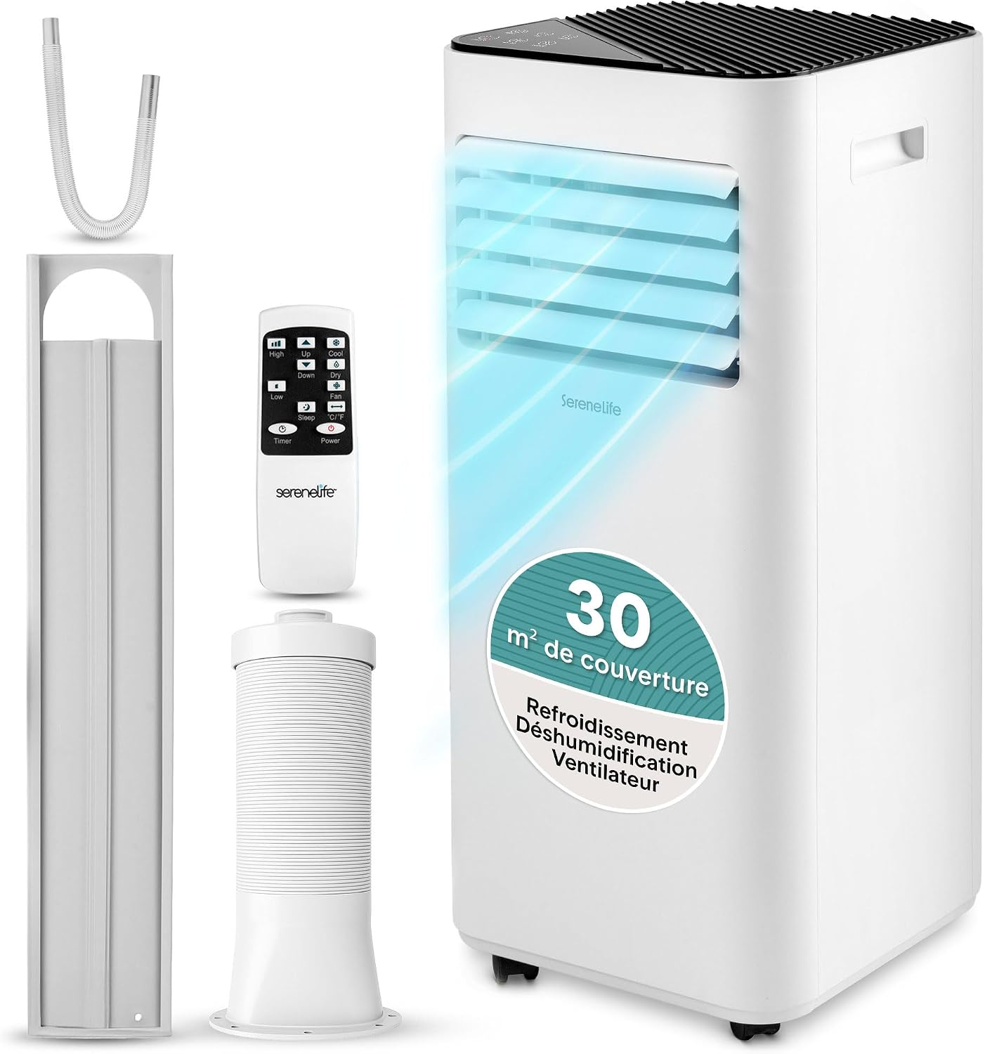 SereneLife Climatiseur Portable 9 000 BTU – Clim Mobile Compact 3 en 1, Refroidissement, Ventilation, Déshumidificateur, Unité de Climatisation Économe avec Télécommande, Roulettes, Kit Fenêtre