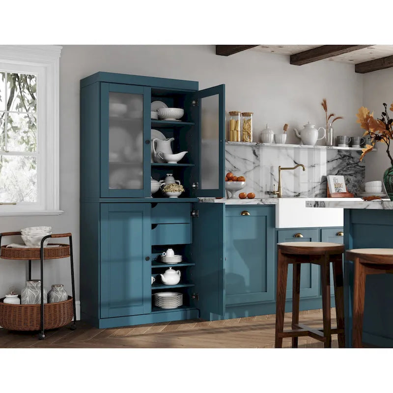 100% Solid Wood Pantry Cabinet with Frosted Glass Doors, Solid Doors, 2-Drawers and Adjustable Shelves