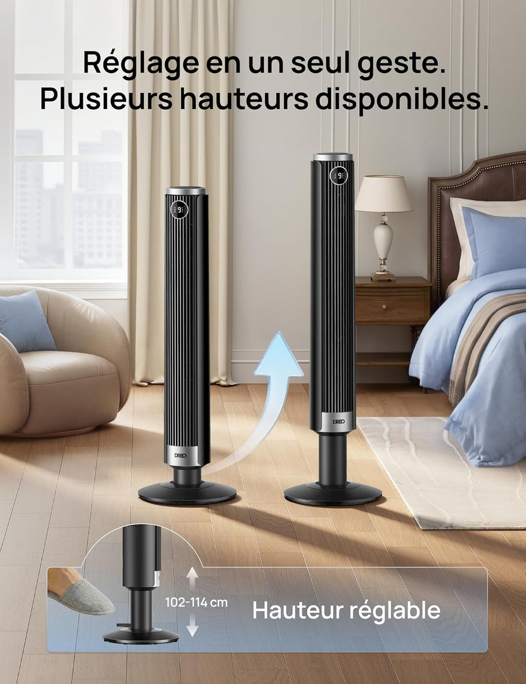DREO Ventilateur colonne intelligent 554S, ventilateur sur pied réglable 102–114 cm, 8.4 m/s, oscillation 90°, silencieux 20 dB, 9 vitesses, 4 modes, minuterie 12 h, compatible Google et Alexa