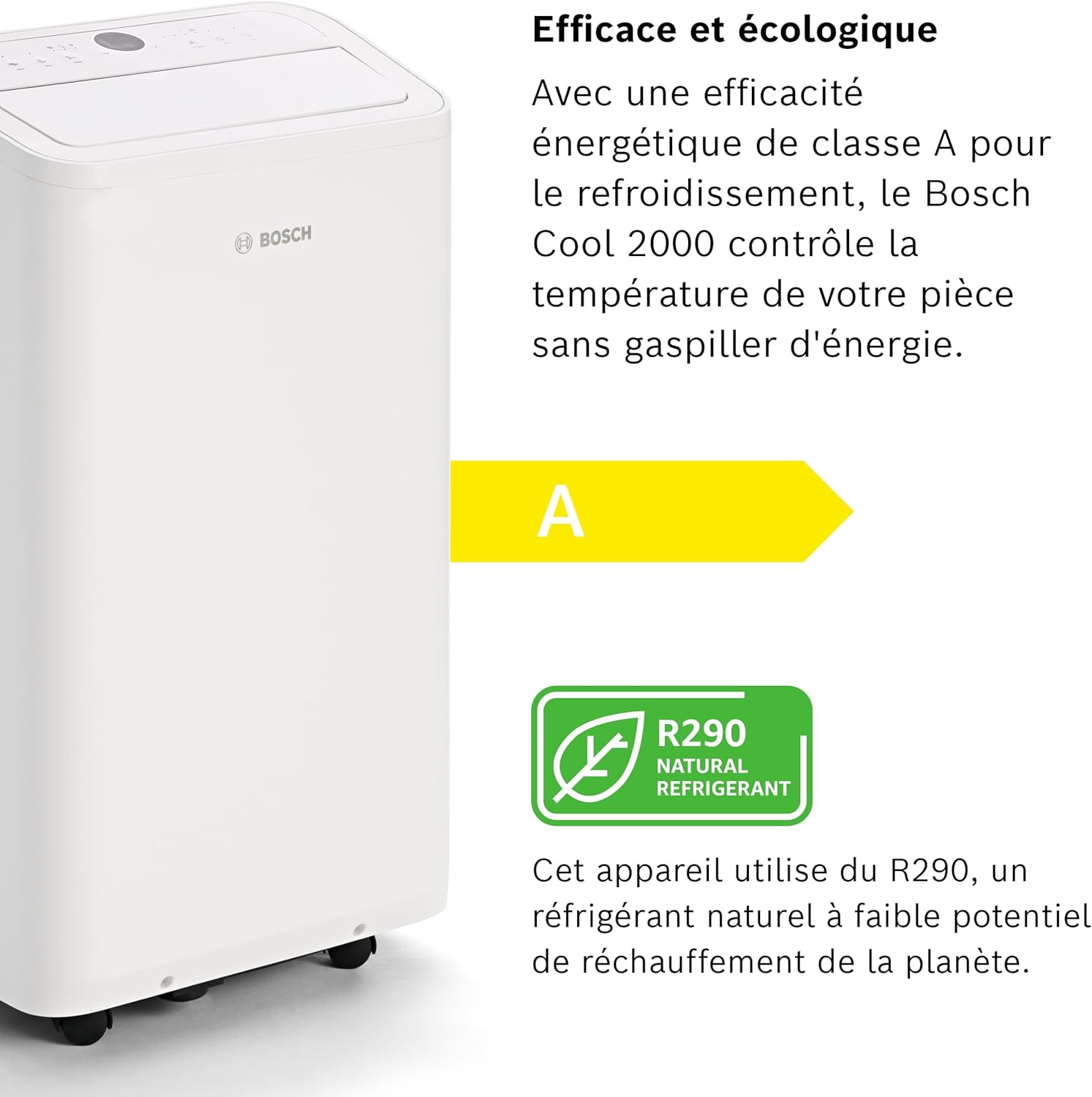 Bosch Cool 2000 Portable AC - 3 en 1 Climatiseur, Déshumidificateur, Ventilateur - 2,6 kW pour les pièces jusqu'à 35m² - Avec Mode Auto, Mode Silencieux et Mode Veille (46 db (A)) [Classe A]