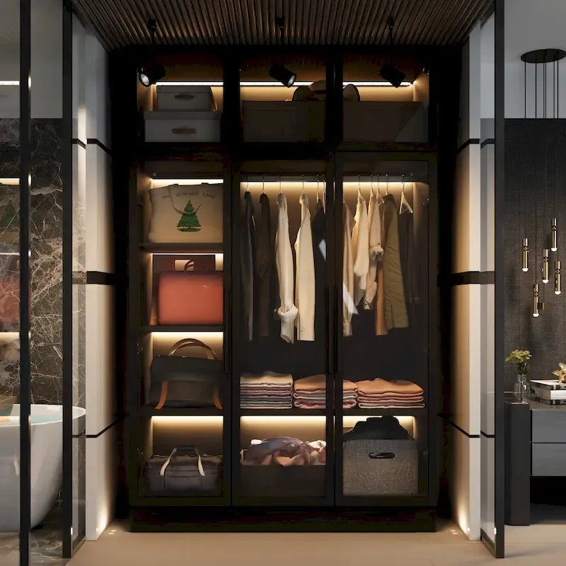 47.2 Wide Armoire LED Light All Glass Door Closet Cabinet Wardrobe