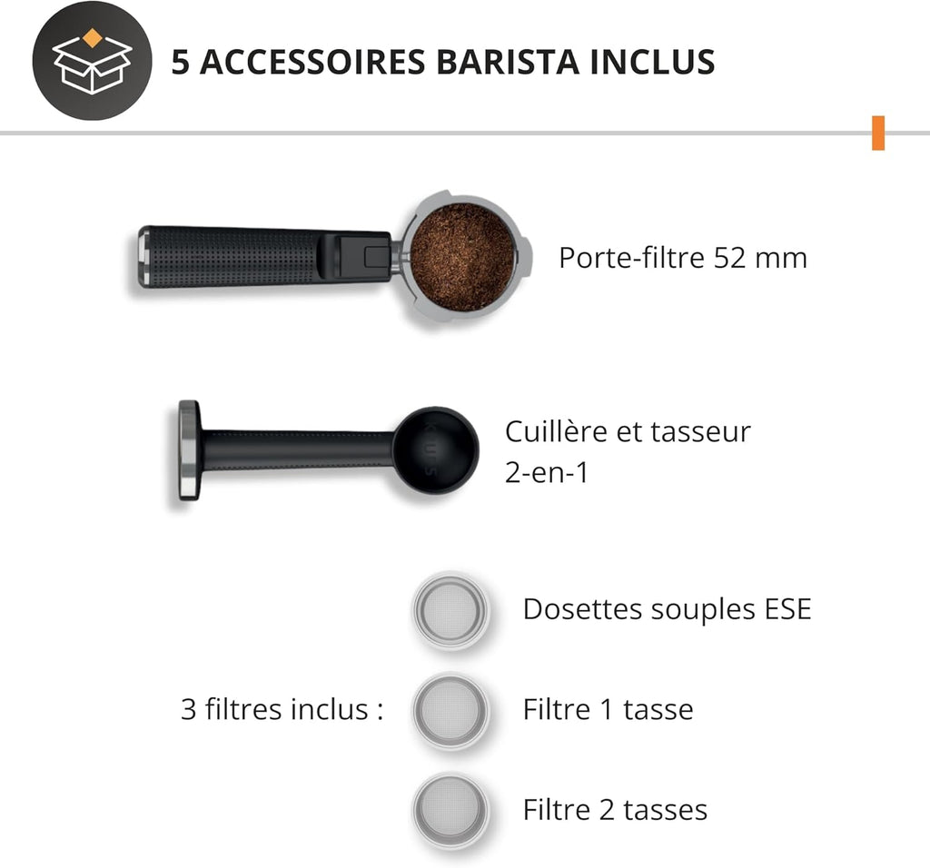 Krups Virtuoso+, Machine expresso manuelle, Café à pompe, Café moulu ou dosettes, 15 bars, Inox, Buse vapeur, Espresso et cappuccino, Noire, XP444G10