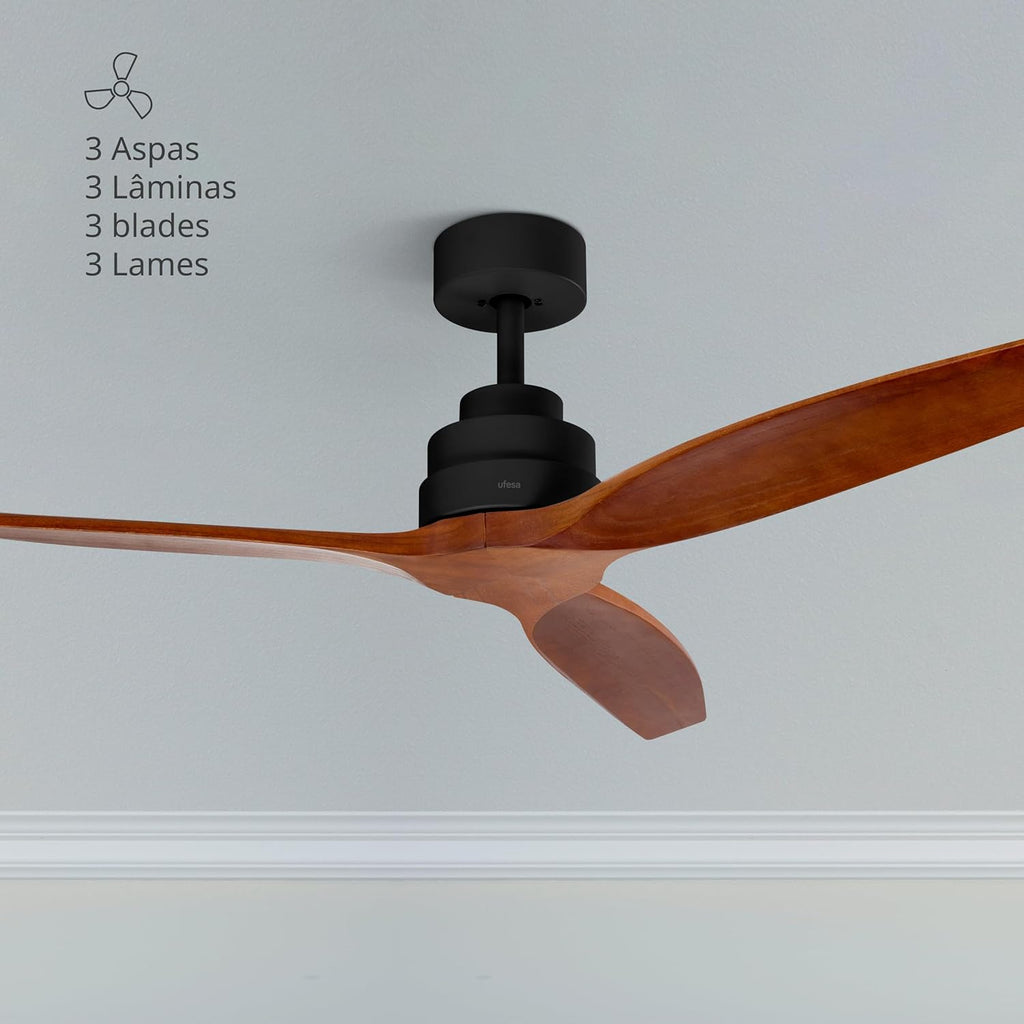 Ufesa Ventilateur de Plafond CFTB, 40W, 6 Vitesses, Ultra Silencieux, 3 Pales en Bois Naturel 132cm, Fonction été - hiver, Minuterie 8h, Télécommande, Noir - Bois Foncé