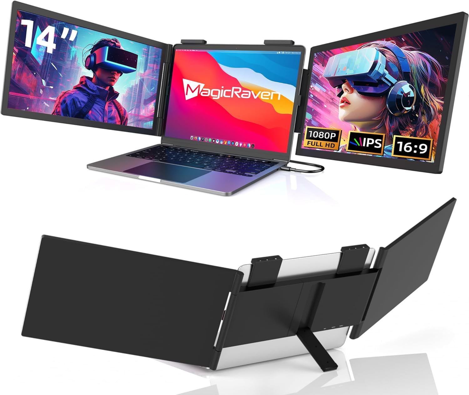 Moniteur pour Ordinateur Portable 14 "FHD 1080P IPS, Triple Écran Portatif USB C, Extension Écran pour Ordinateur Portable 14"-16" Compatible avec Mac, Windows, Chrome, Switch, PS45