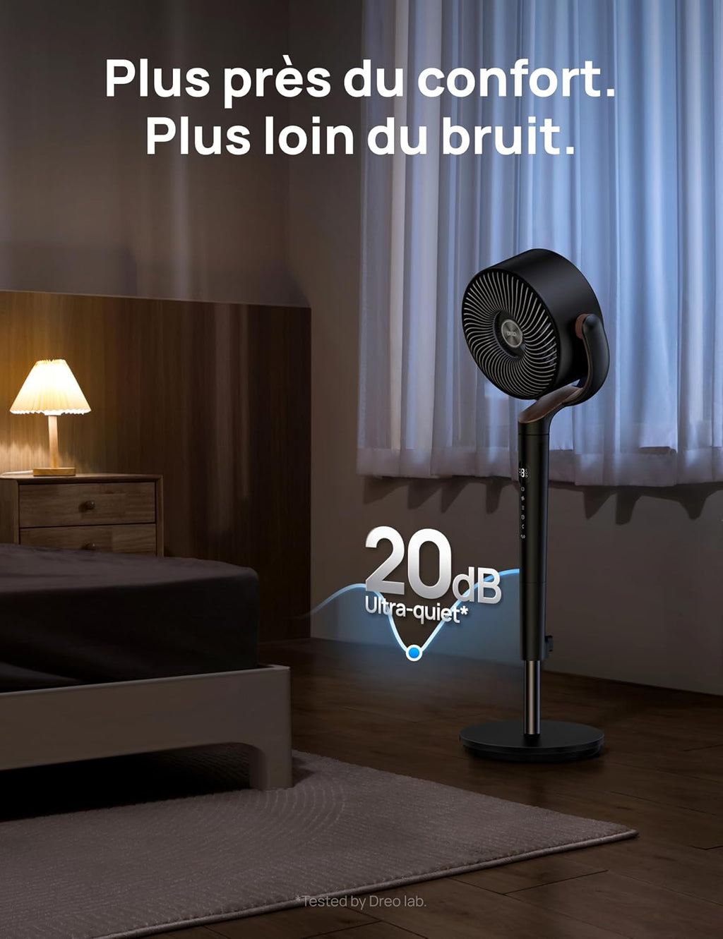 DREO ventilateur sur pied silencieux 20 dB avec oscillation omnidirectionnelle 120°+120°, portée du vent 26 m, débit d’air 1615 m³/h, circulateur Turbo, hauteur réglable 94–107 cm, 3 modes, 8 vitesses