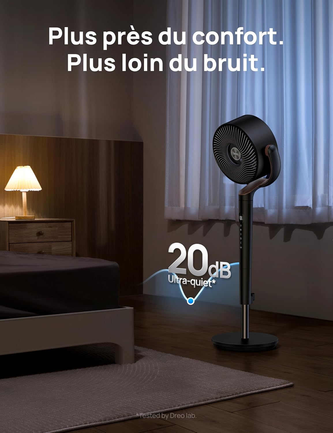 DREO ventilateur sur pied silencieux 20 dB avec oscillation omnidirectionnelle 120°+120°, portée du vent 26 m, débit d’air 1615 m³/h, circulateur Turbo, hauteur réglable 94–107 cm, 3 modes, 8 vitesses
