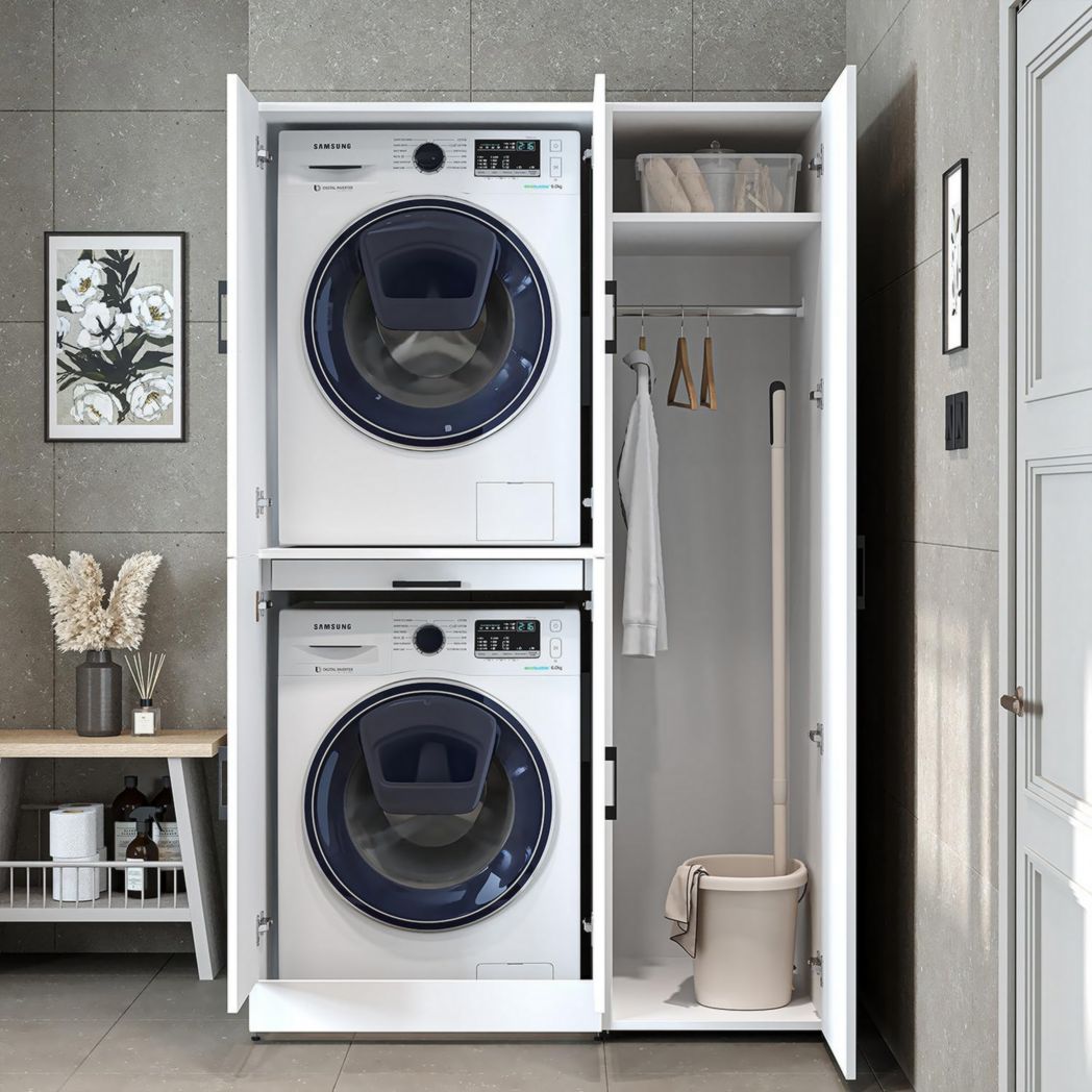 ROOMART Dora - Meuble pour machine à laver - Pour sèche-linge et machine à laver - En 4 couleurs - Avec portes et panneau coulissant - Blanc - Chêne blanc - Chêne anthracite - Chêne blanc (chêne blanc)