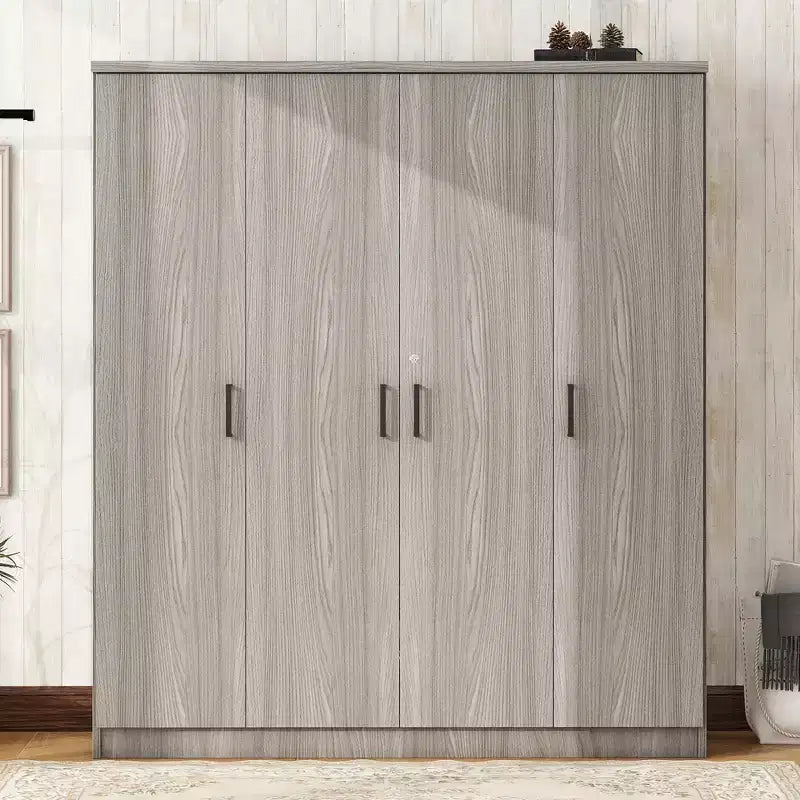 Whisen Wood 4-Door Wardrobe Armoire with Hanging Rod, 1-Drawer and Storage Shelves