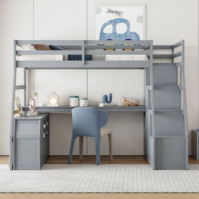 Full Pine Loft Bed with Desk and Storage