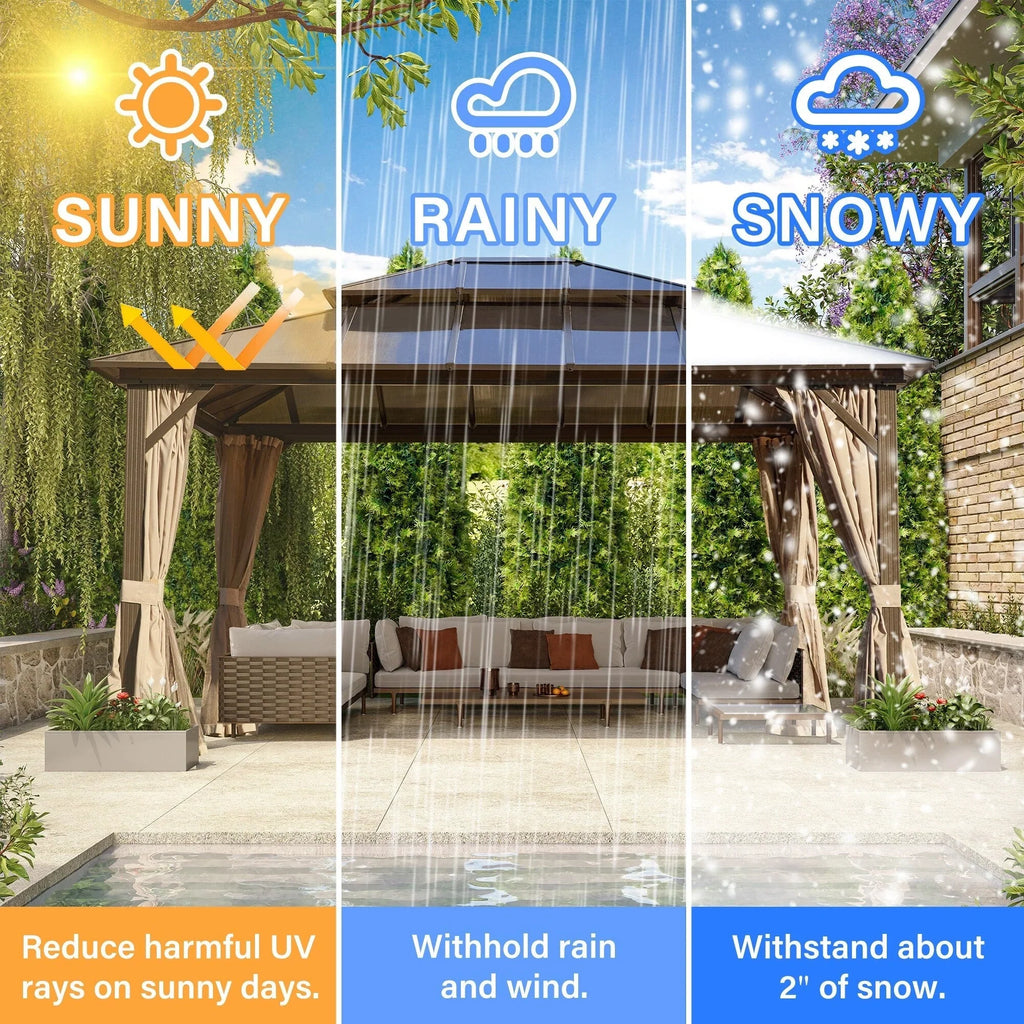 EROMMY Hardtop Gazebo,Outdoor Pergola with Double Roof & Netting & Curtains,Heavy Duty Canopy for Patio, Backyard, Pool party