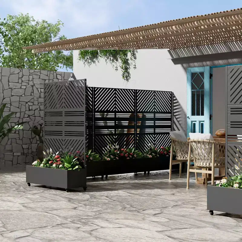 MAYEERTY Planter Box with Trellis Iron Black Parallel Line 01 Louvered Classic Combined Style 72x47x16in 3-Piece Set