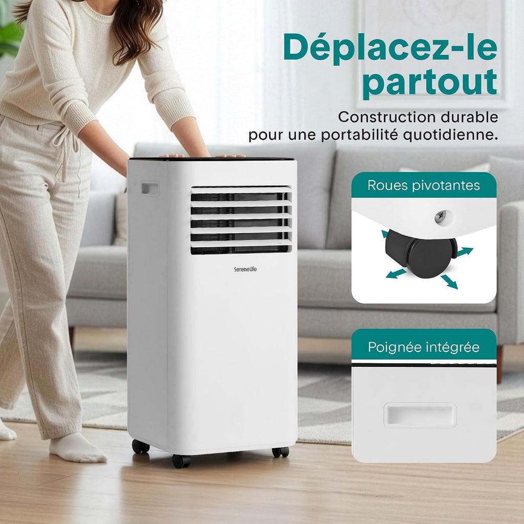 SereneLife Climatiseur Mobile 9000 BTU – Portable Silencieux 55 dB, 31 m² Ventilateur et Déshumidificateur, Rafraîchisseur d’Air, Télécommande, Écran LED